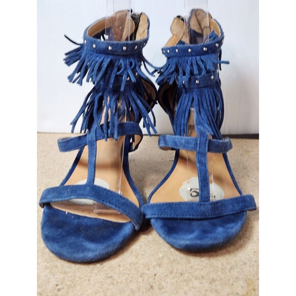Report Elle Stiletto Heels Blue Suede Size 6.5 Fringe Strappy 4” Heel - Picture 3 of 10